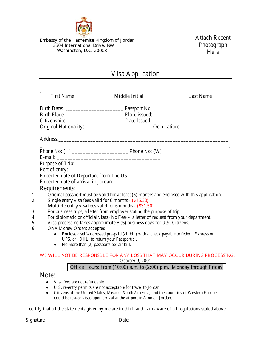 Washington D C Jordan Visa Application Form Embassy Of The Hashemite Kingdom Of Jordan