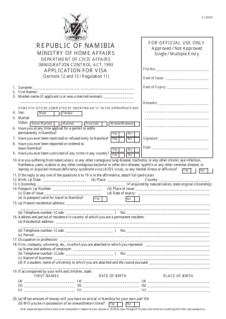 Form 3-1/0033 Application for Visa - Namibia