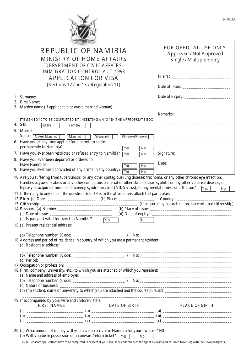Form 3-1 / 0033 Application for Visa - Namibia, Page 1