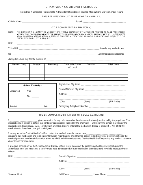 Medication During School Hours Permit Form - Champaign Community Schools Download Pdf
