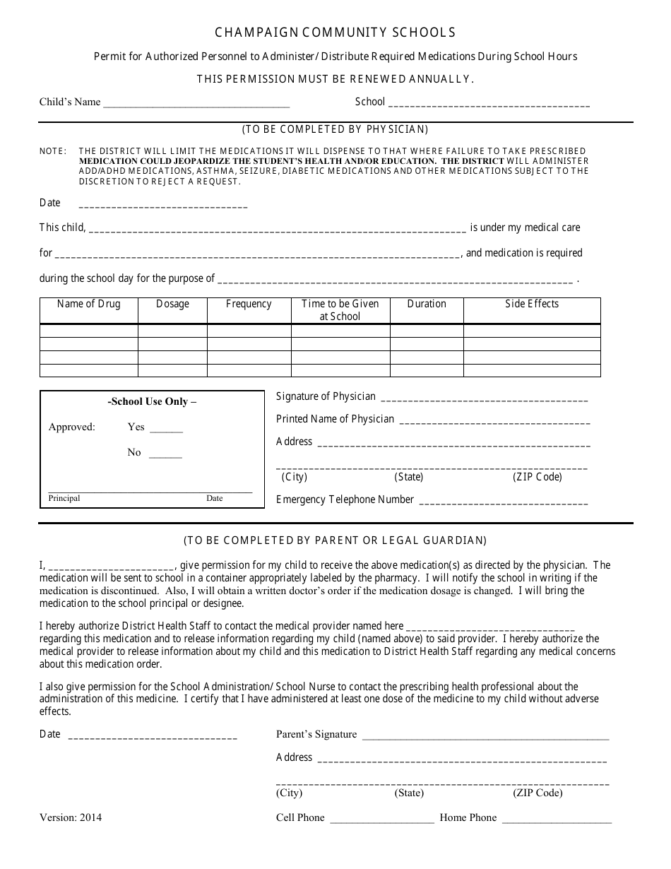 Medication During School Hours Permit Form - Champaign Community Schools, Page 1