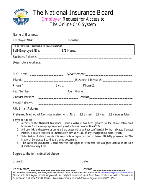 &quot;Employer Request for Access to the Online C10 System&quot; - Bahamas Download Pdf