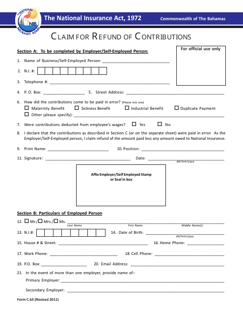 Form C.63 Claim for Refund of Contributions - Bahamas