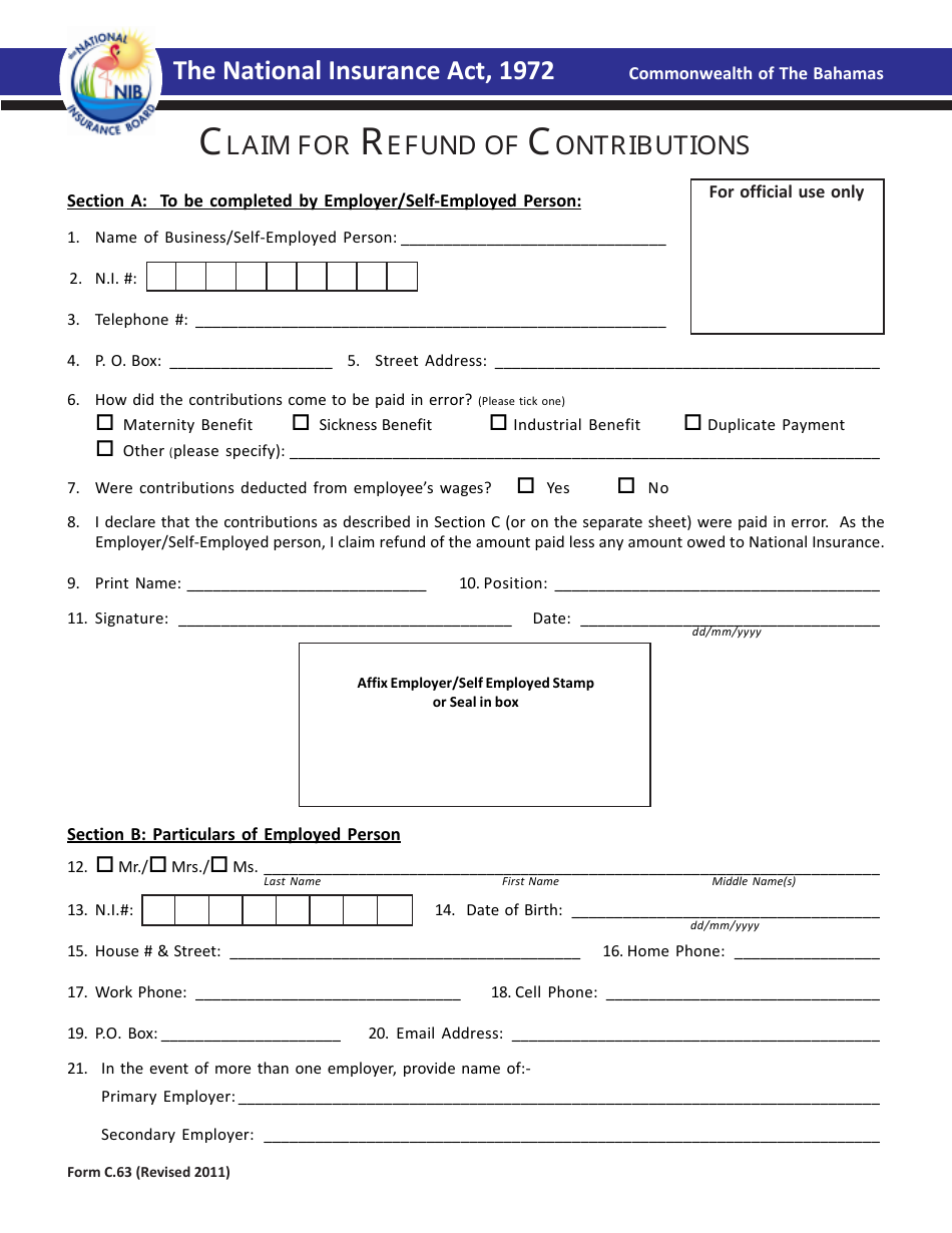 Form C.63 Claim for Refund of Contributions - Bahamas, Page 1