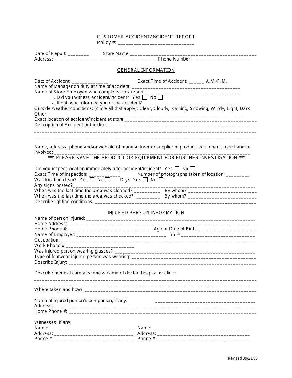 Customer Incident Report Form Template