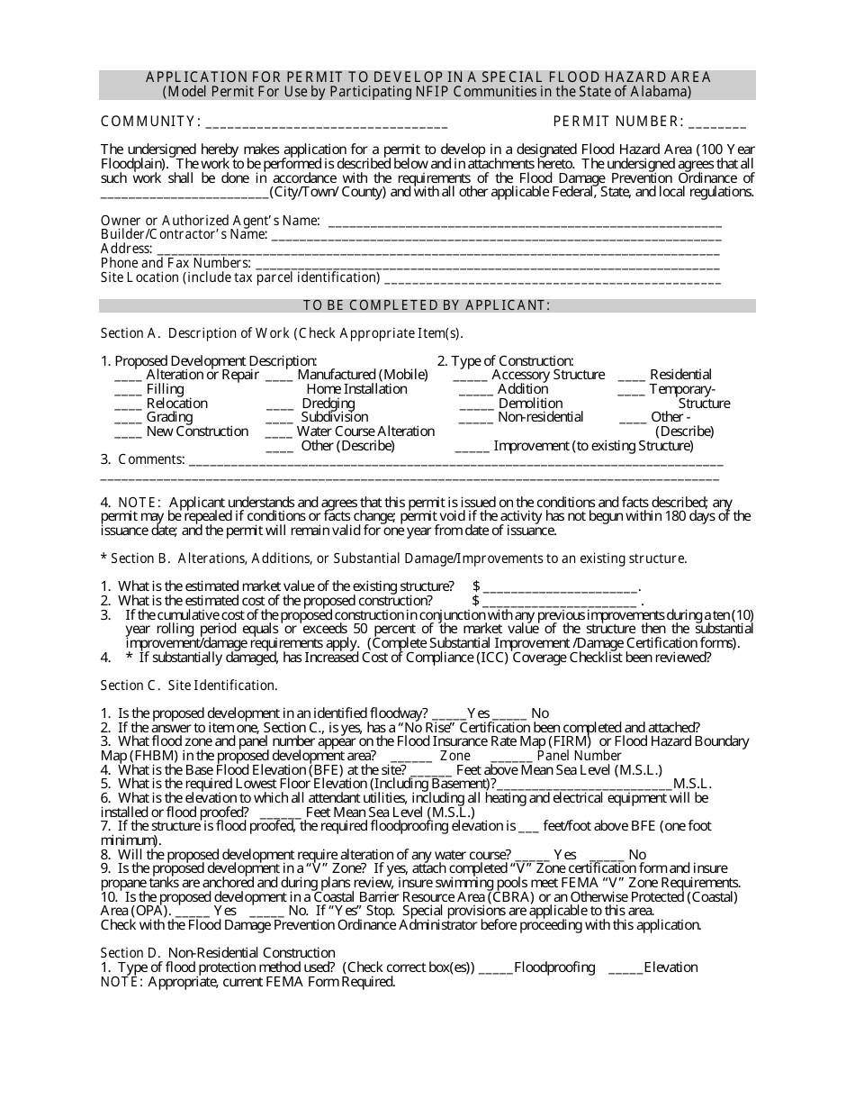 Application for Permit to Develop in a Special Flood Hazard Area - Alabama, Page 1