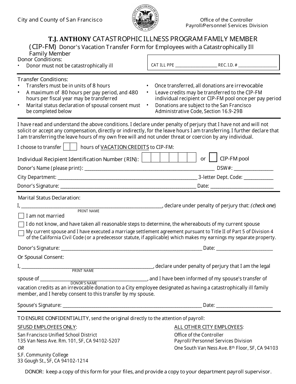 Donors Vacation Transfer Form for Employees With a Catastrophically Ill Family Member - City and County of San Francisco, California, Page 1