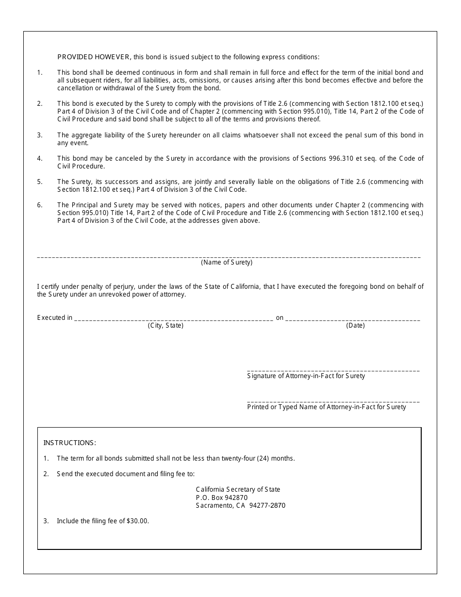 Form SFSB-408 Discount Buying Organization Surety Bond ($2,500,000 or $250,000) - California, Page 2