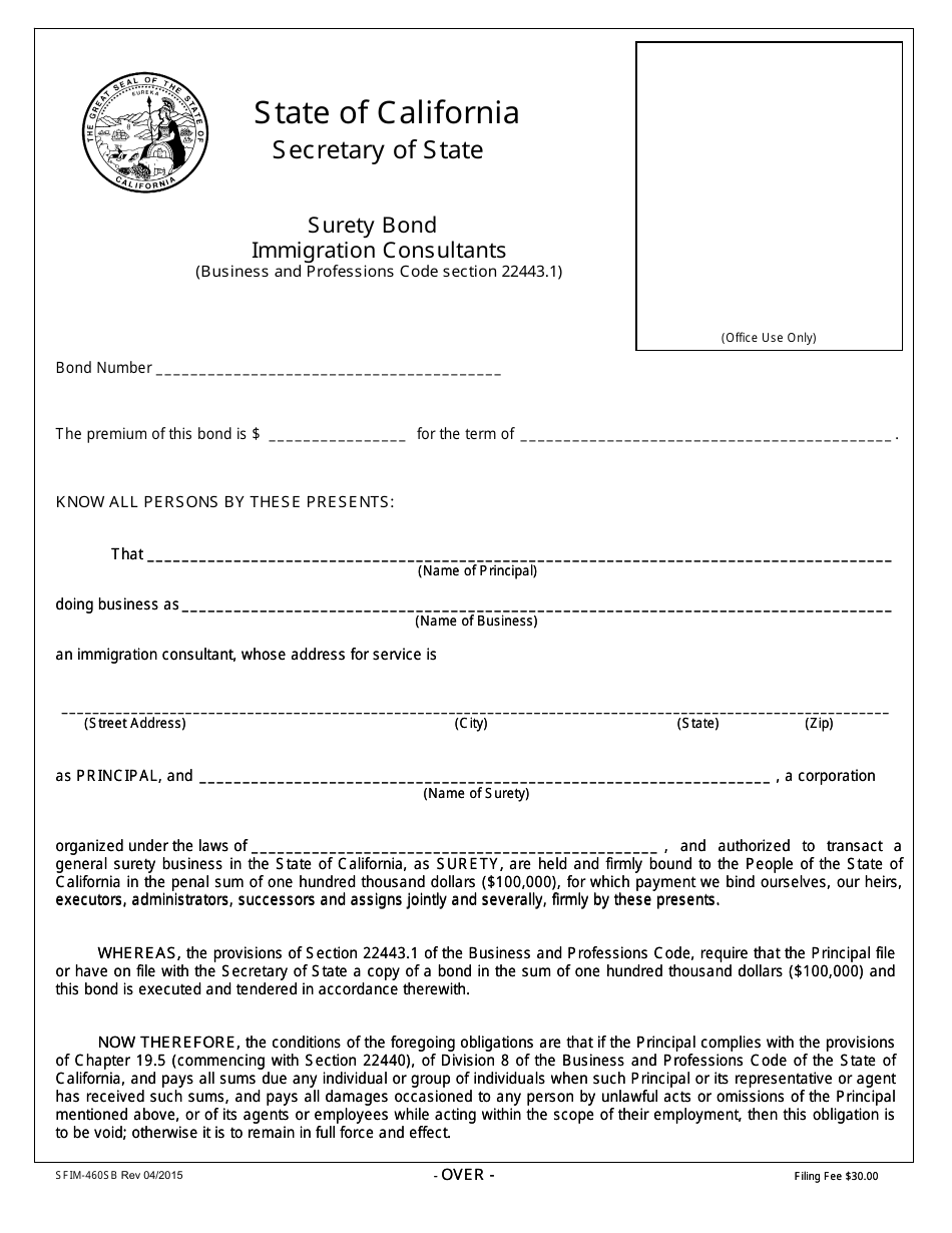 Form SFIM-460SB Immigration Consultant Surety Bond ($100,000) - California, Page 1