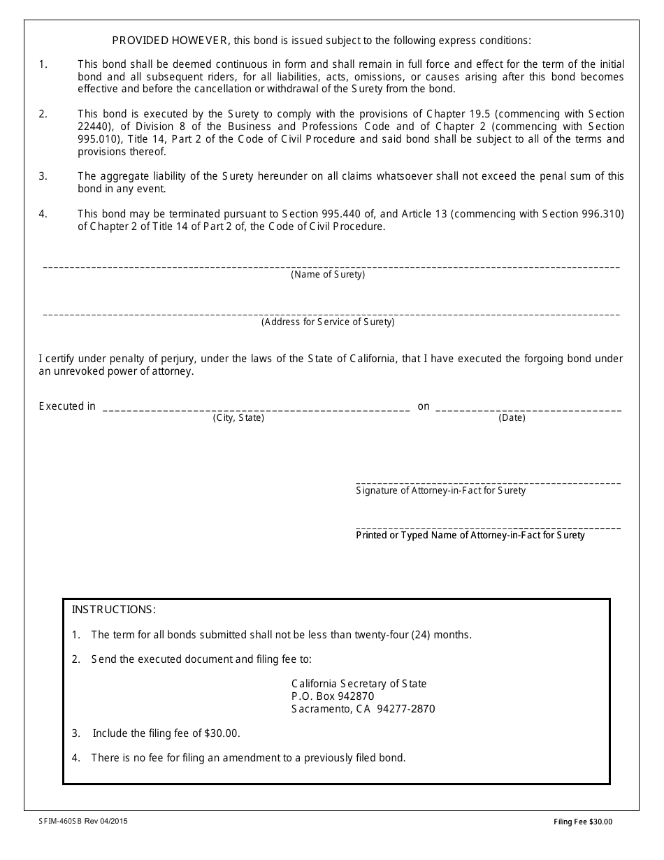 Form SFIM-460SB Immigration Consultant Surety Bond ($100,000) - California, Page 2