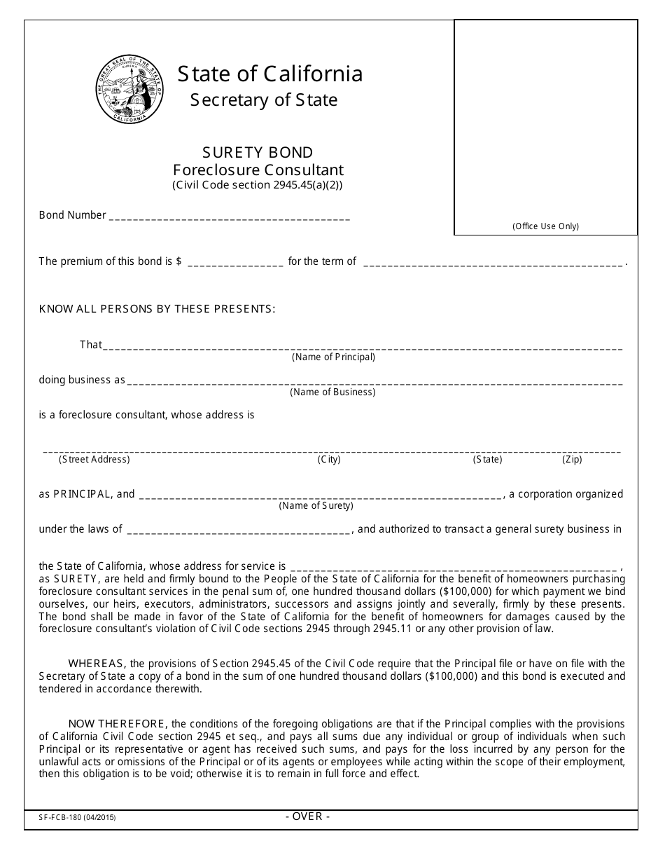 Form SF-FCB-180 Surety Bond Foreclosure Consultant - California, Page 1