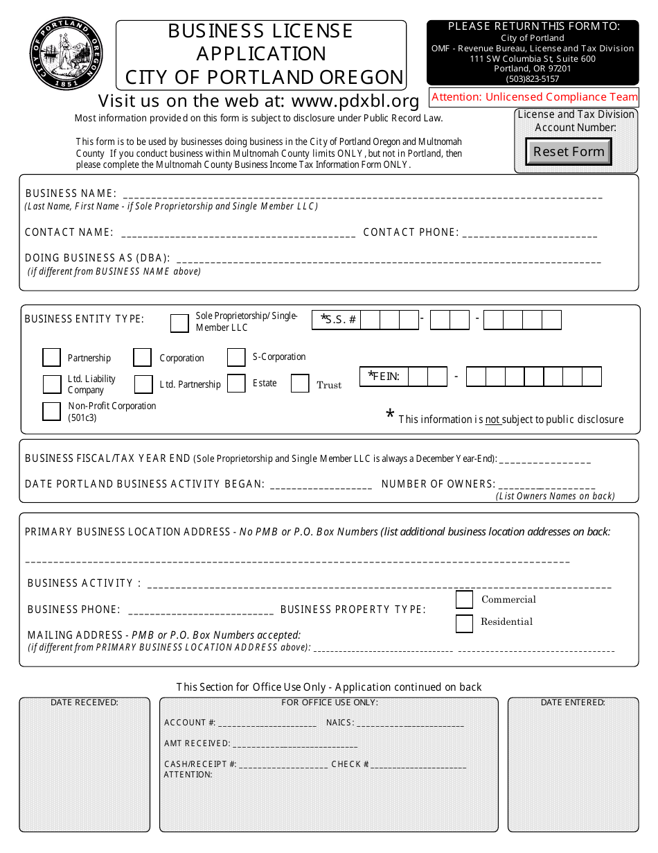 Business License Application Form - City of Portland, Oregon, Page 1