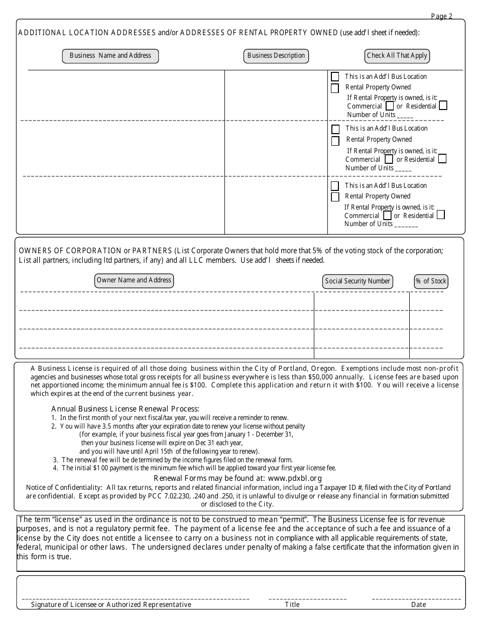 Business License Application Form - City of Portland, Oregon, Page 2