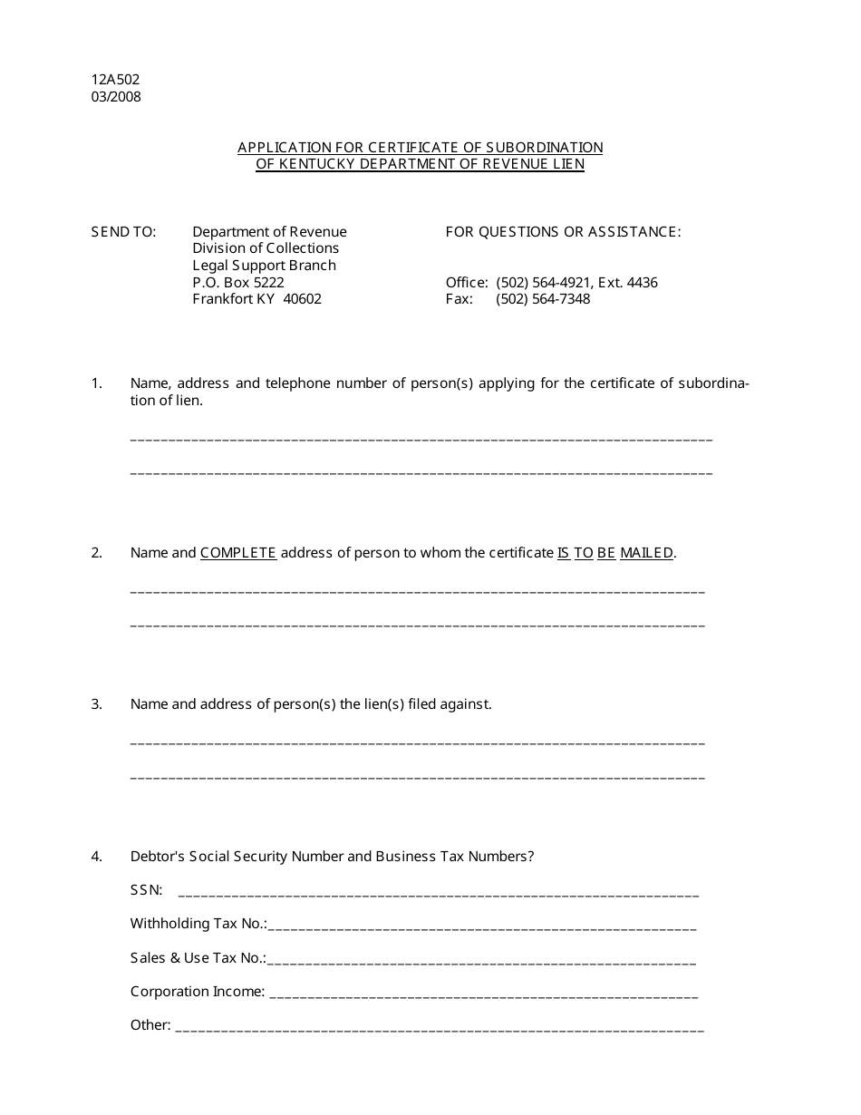 Form 12A502 Application for Certificate of Subordination of Kentucky Department of Revenue Lien - Kentucky, Page 1