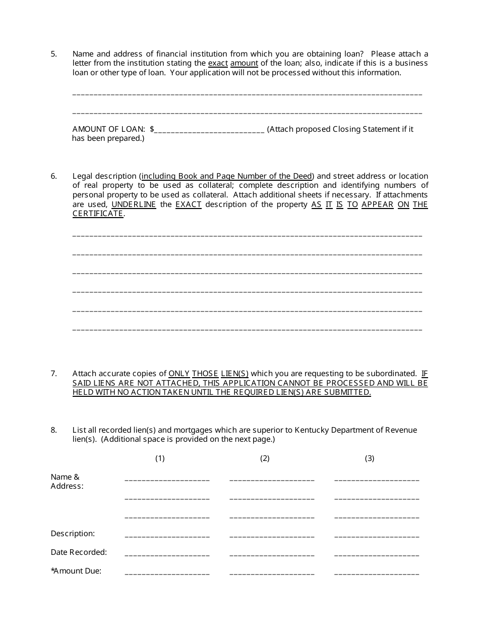 Form 12A502 Application for Certificate of Subordination of Kentucky Department of Revenue Lien - Kentucky, Page 2