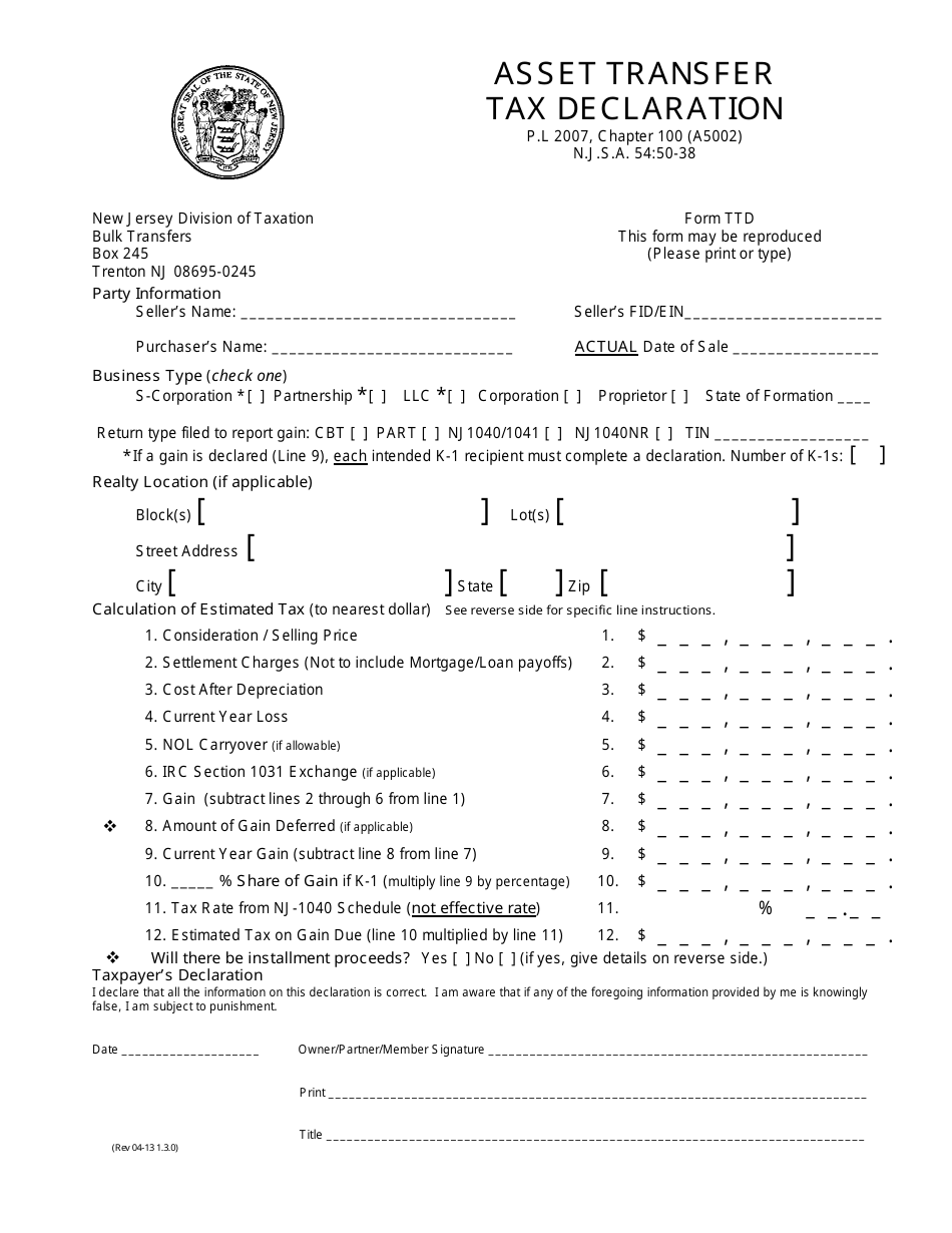 Form TTD Asset Transfer Tax Declaration - New Jersey, Page 1