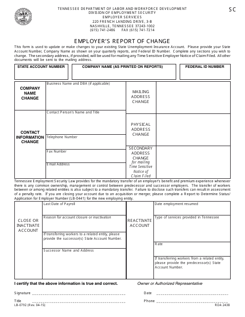 Form LB-0792 Employer's Report of Change - Tennessee