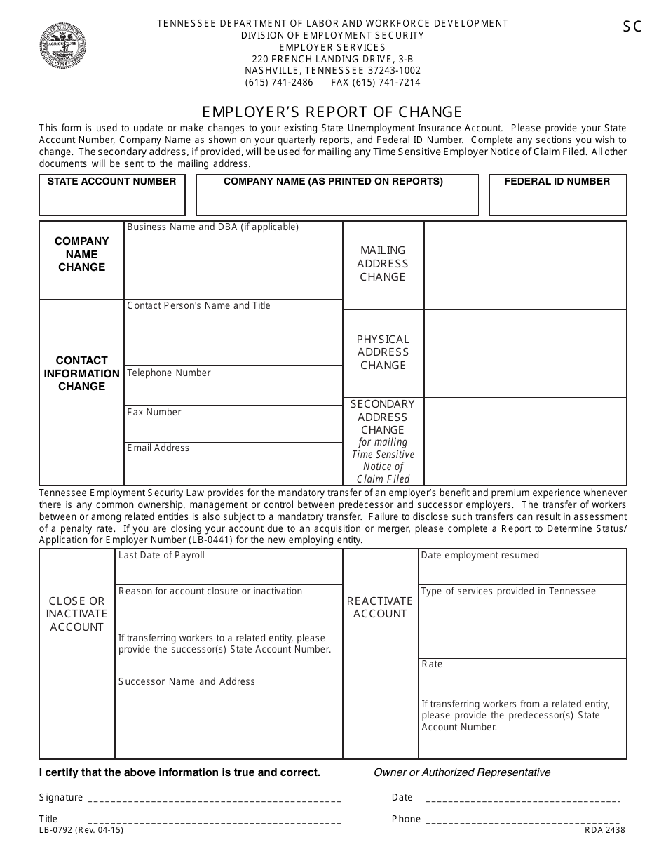 Form LB-0792 Employers Report of Change - Tennessee, Page 1