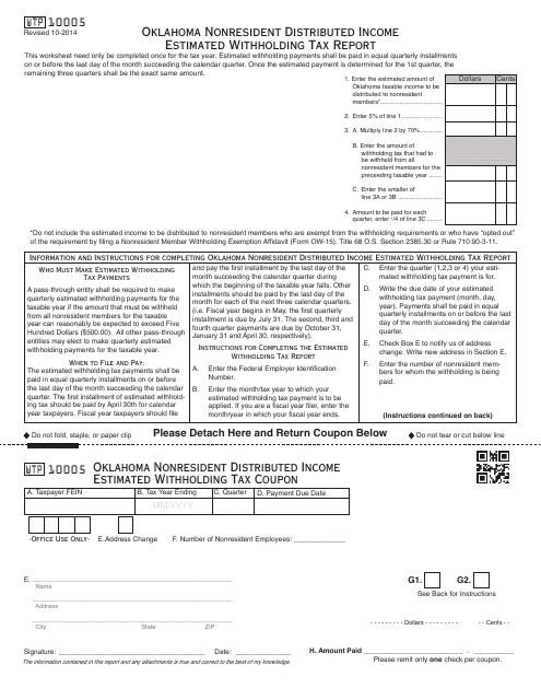 Form WTP10005 Oklahoma Nonresident Distributed Income Estimated Withholding Tax Report - Oklahoma
