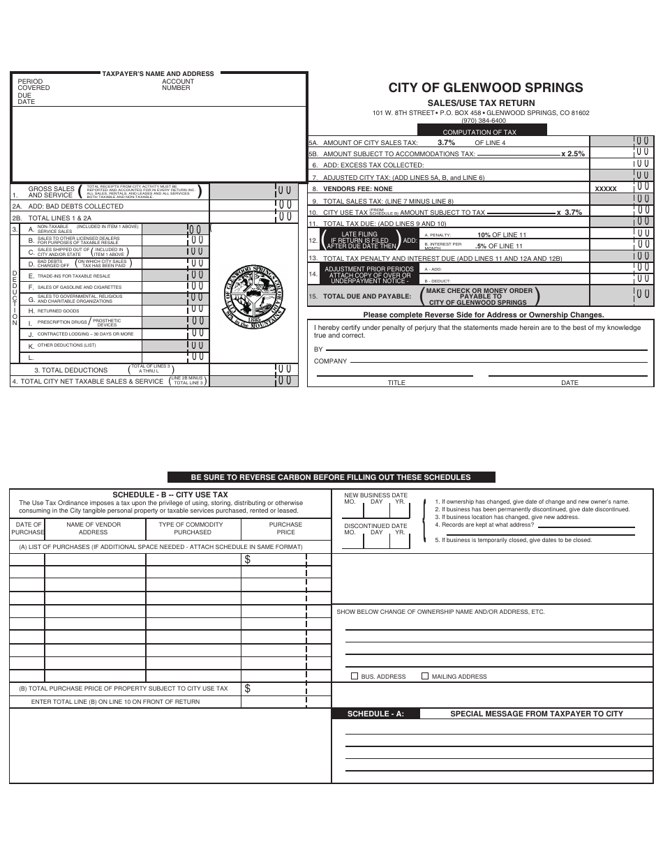 Sales / Use Tax Return Form - City of Glenwood Springs, Colorado, Page 1