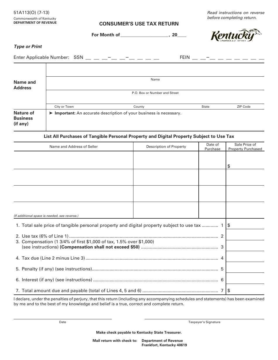 Form 51A113(O) Consumers Use Tax Return - Kentucky, Page 1