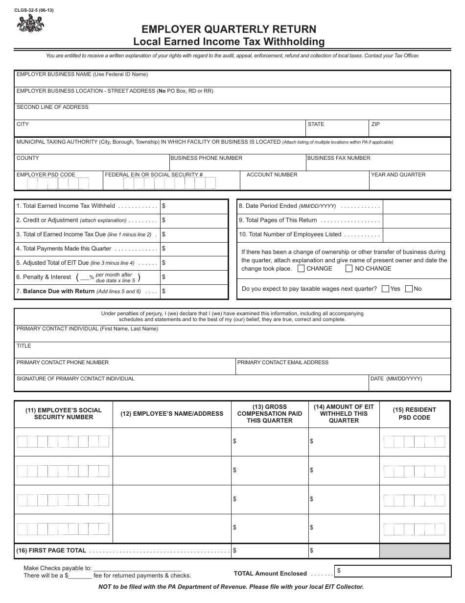 Form CLGS-32-5 Employer Quarterly Return - Local Earned Income Tax Withholding - Pennsylvania, Page 1