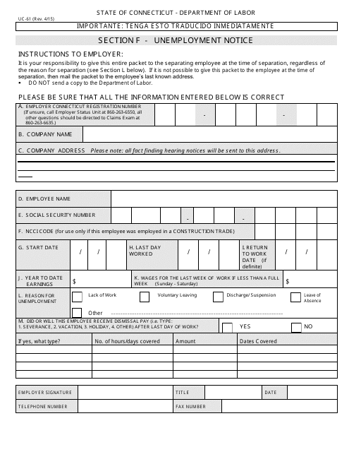 Form UC-61 Unemployment Separation Notice - Connecticut