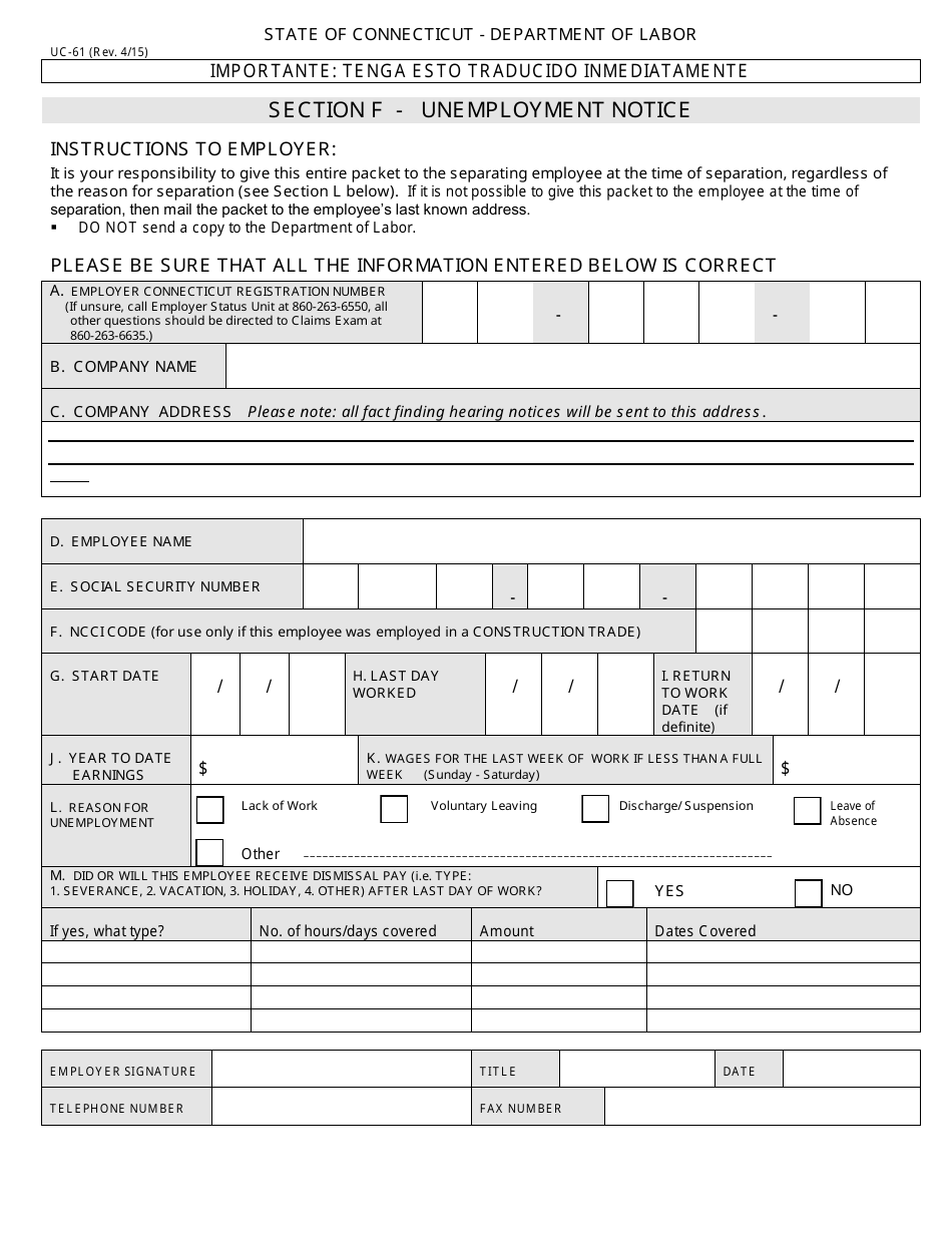 Form UC 61 Fill Out Sign Online And Download Fillable PDF 