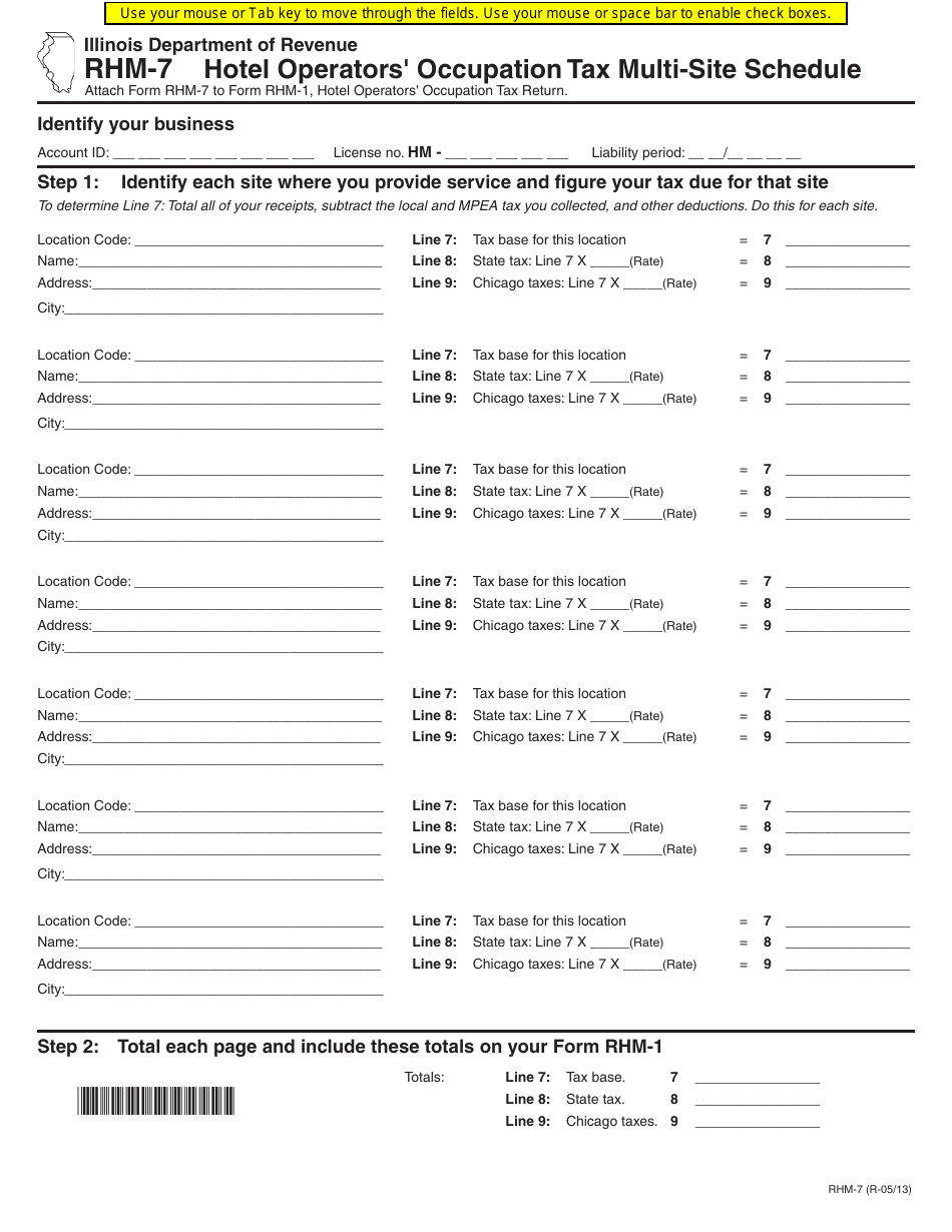 Form RHM-7 Hotel Operators Occupation Tax Multi-Site Schedule - Illinois, Page 1
