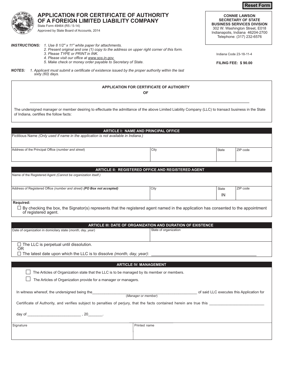 State Form 49464 Application for Certificate of Authority of a Foreign Limited Liability Company - Indiana, Page 1