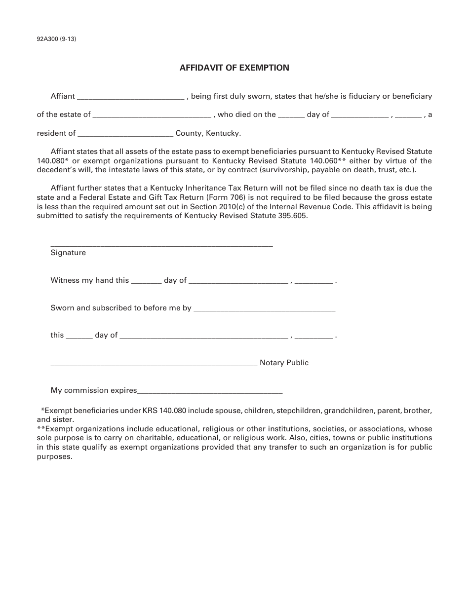 Form 92A300 Affidavit of Exemption - Kentucky, Page 1
