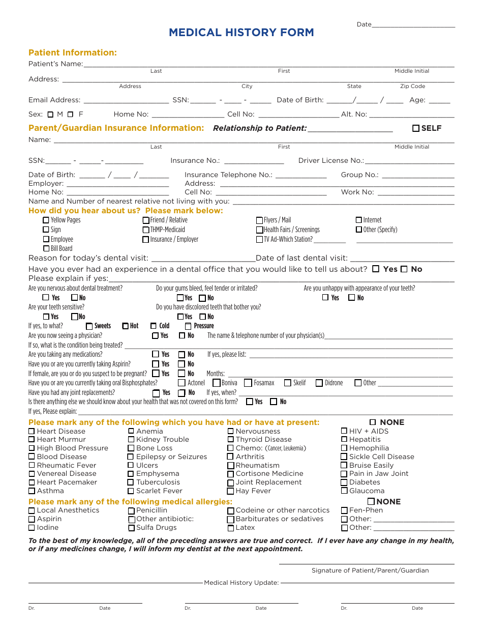 Printable Medical History Form For Dental Office Printable Forms Free