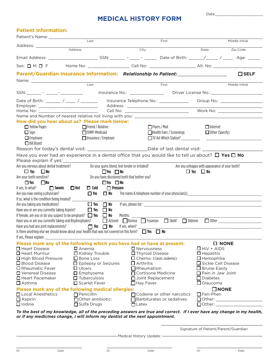 Printable Medical History Update Form For Dental Office Printable