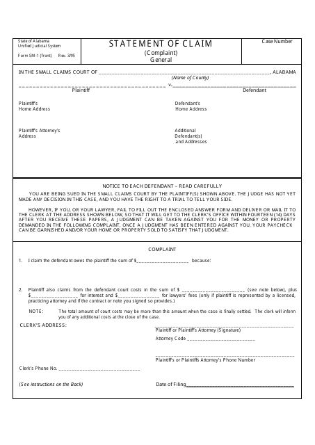 Form SM-1 Statement of Claim (Complaint) - Alabama