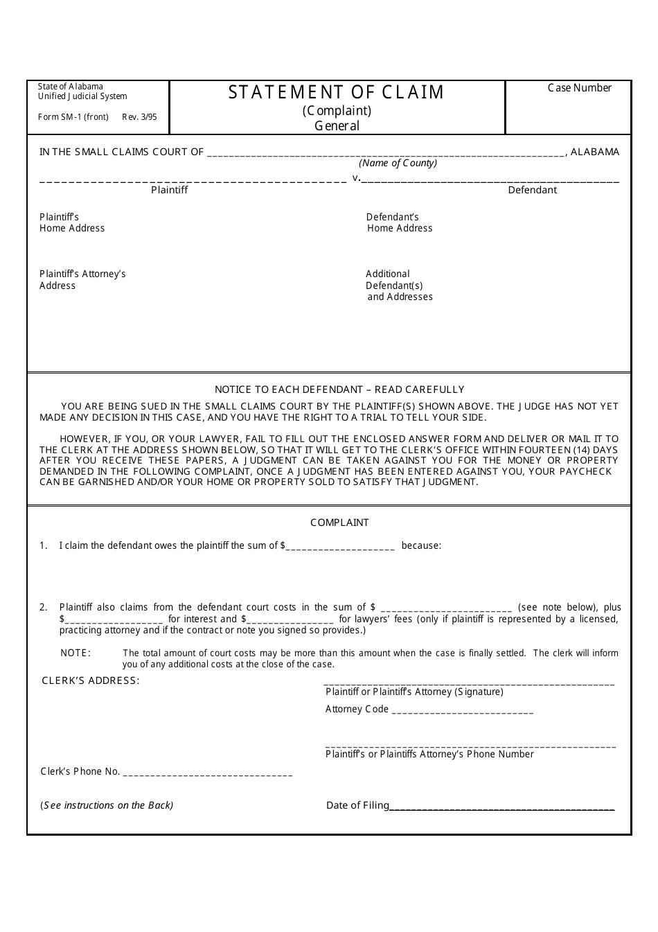 Form SM-1 Statement of Claim (Complaint) - Alabama, Page 1