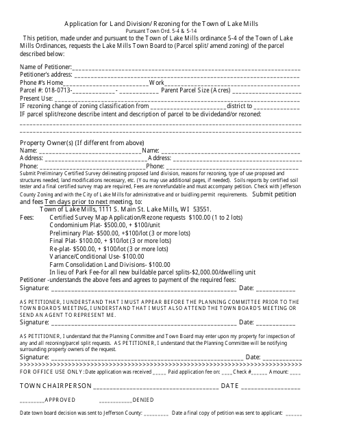 Application for Land Division / Rezoning - Town of Lake Mills, Wisconsin Download Pdf