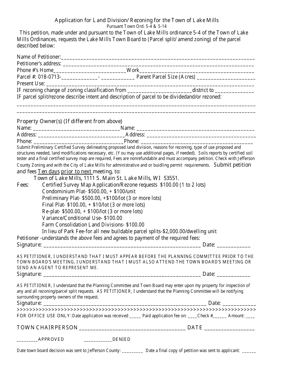 Town of Lake Mills, Wisconsin Application for Land Division/ Rezoning ...