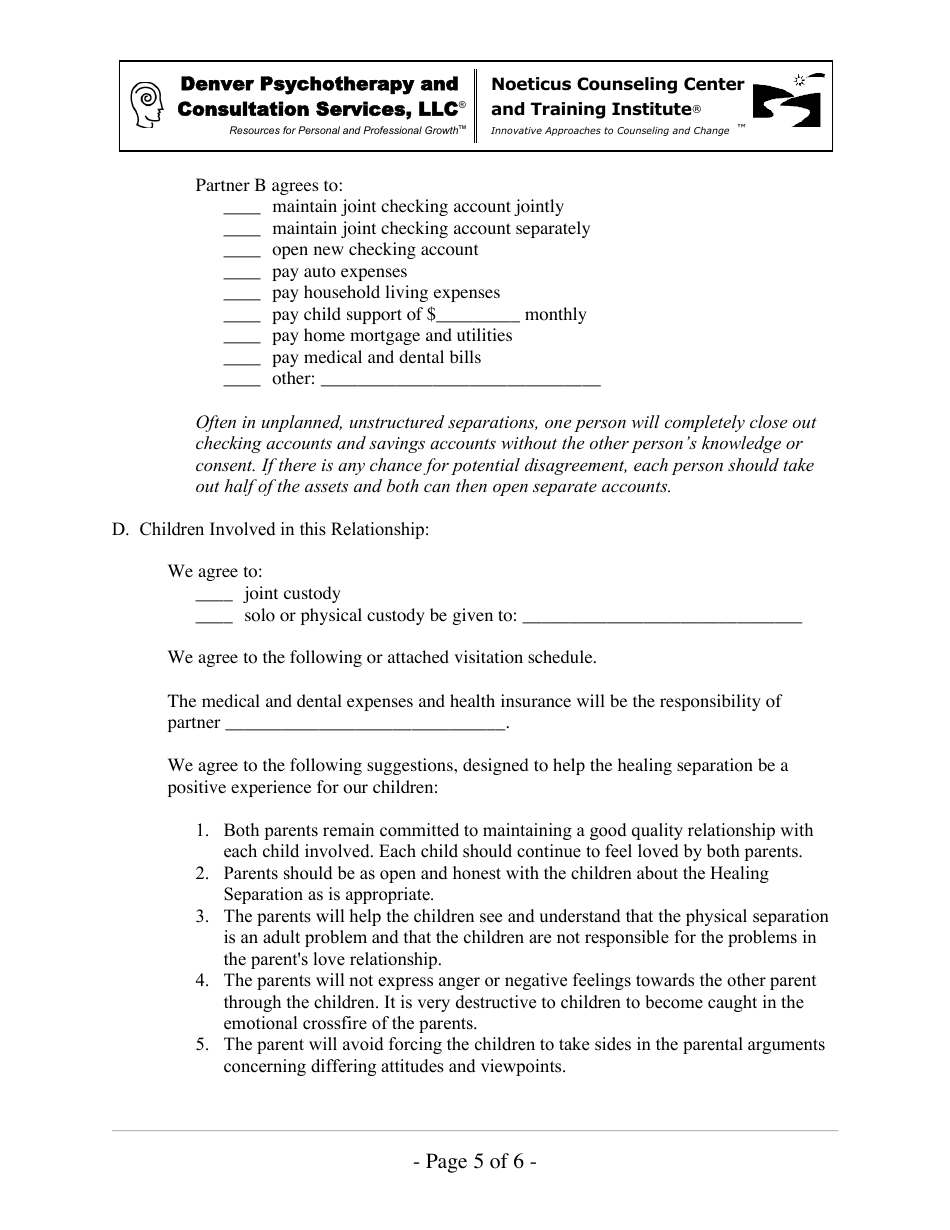 Healing Separation: Agreement Form - Denver Psychotherapy and Consultation Services, Llc, Page 5