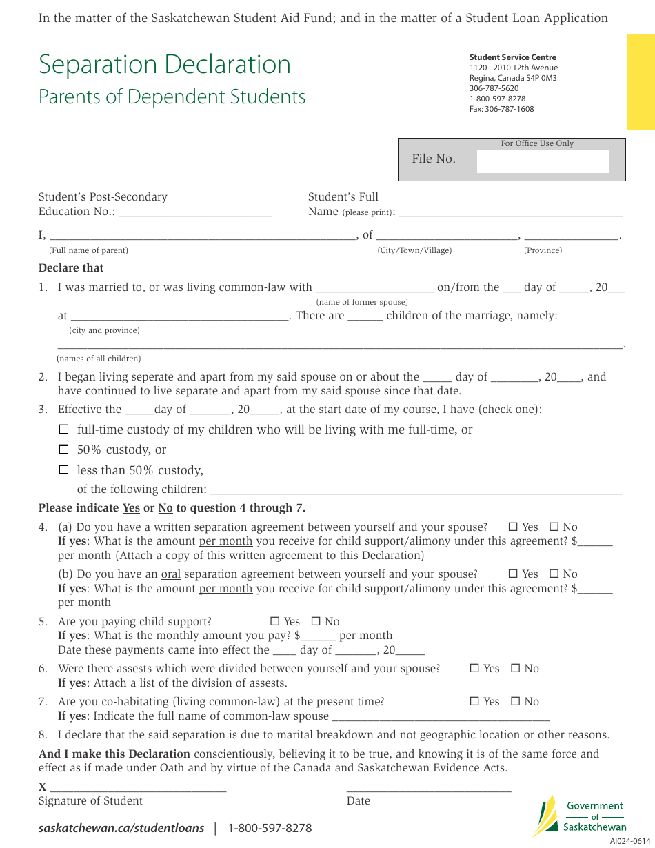 Separation Declaration Form - Parents of Dependent Students - Saskatchewan, Canada, Page 1