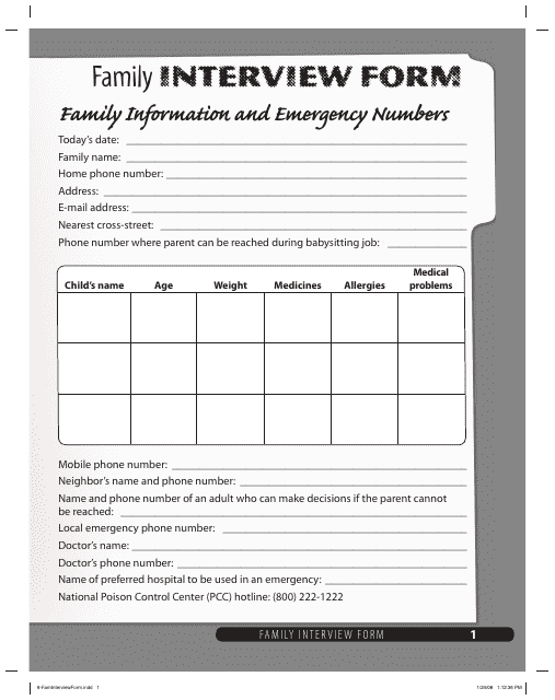 &quot;Family Interview Form for Babysitters&quot; Download Pdf