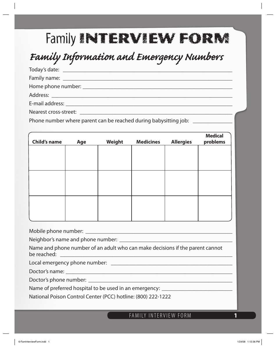 Family Interview Form for Babysitters, Page 1
