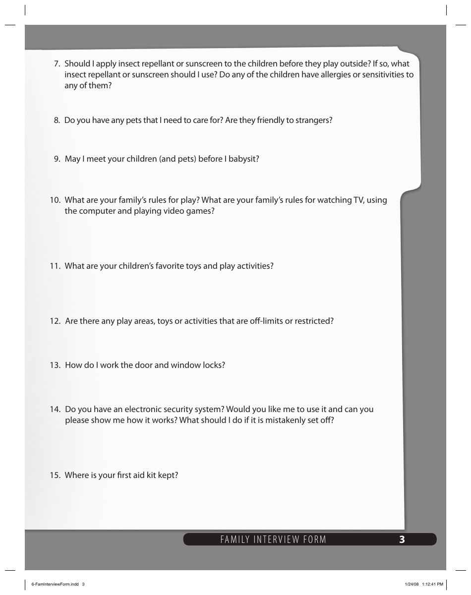 Family Interview Form for Babysitters, Page 3
