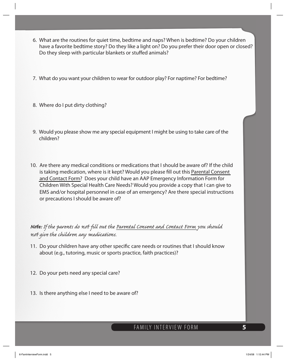 Family Interview Form for Babysitters, Page 5