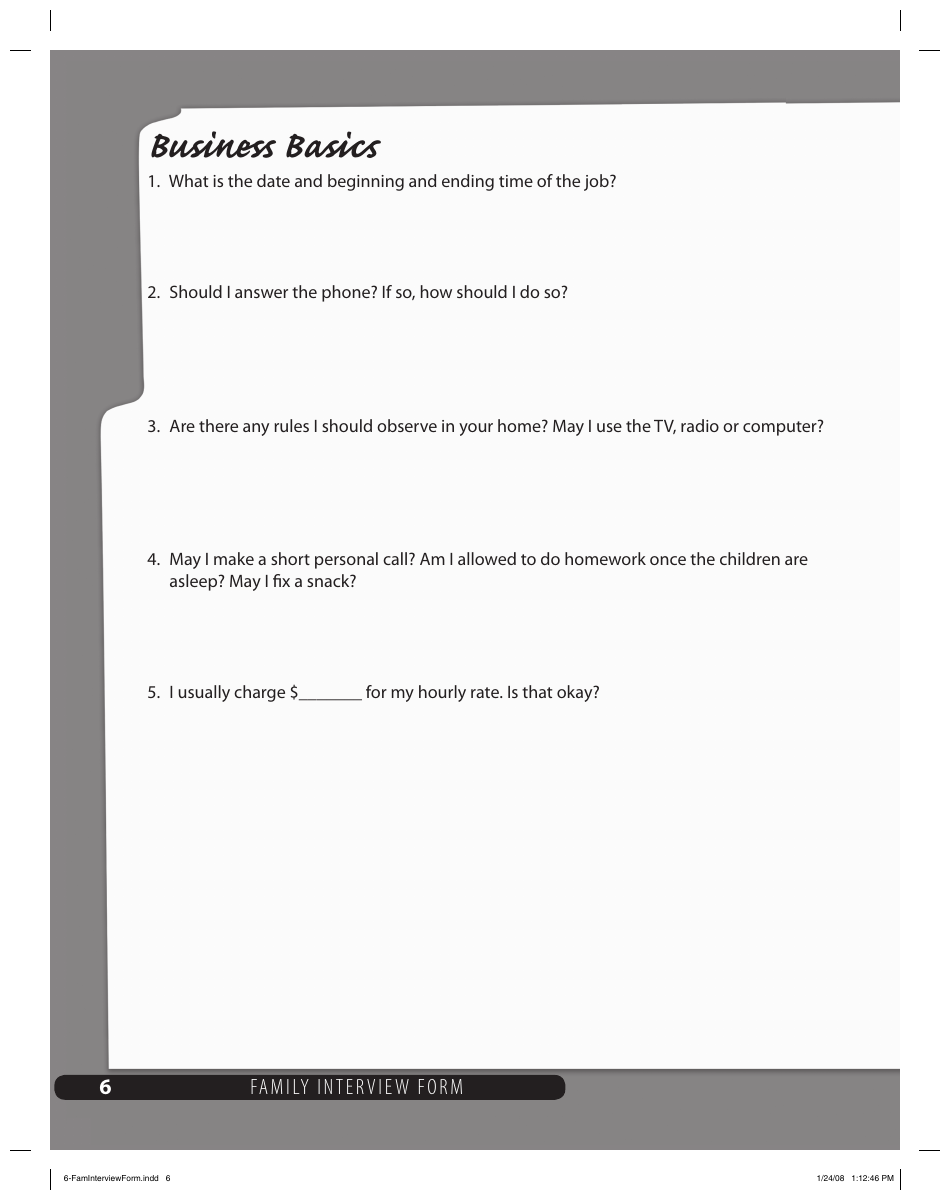 Family Interview Form for Babysitters, Page 6