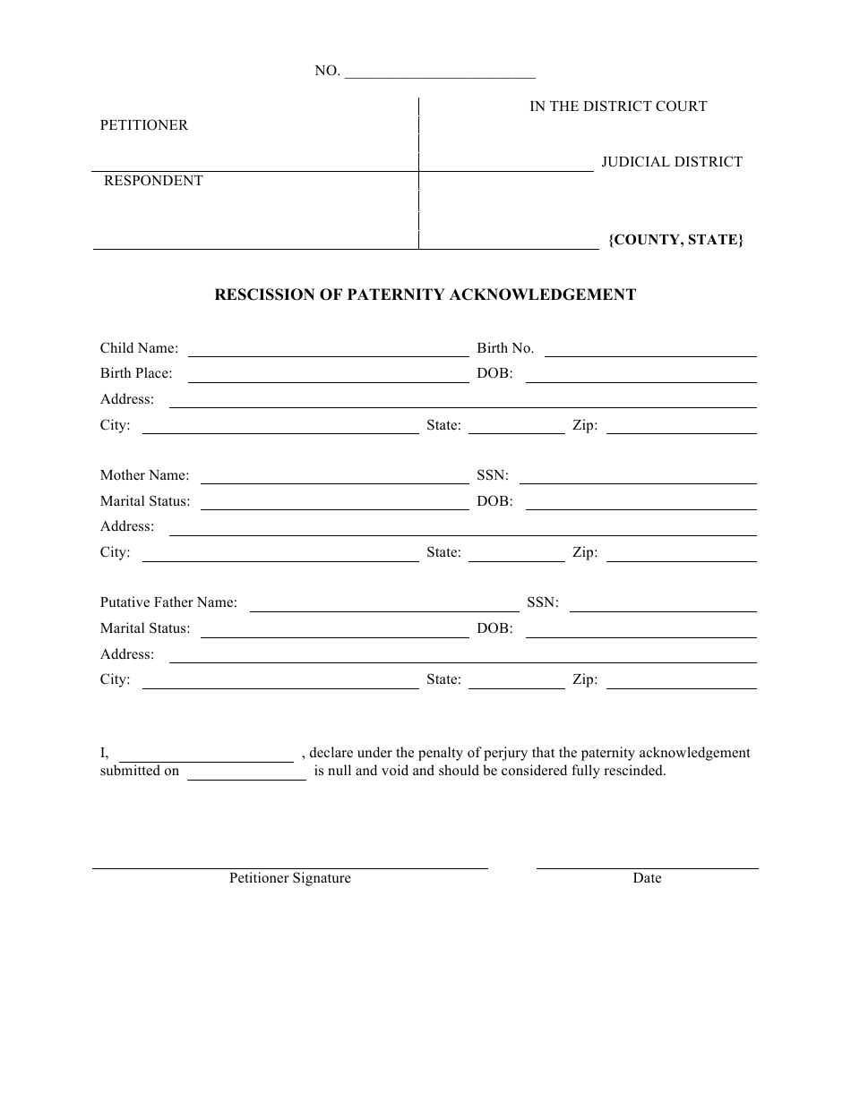 Rescission of Paternity Acknowledgement Form, Page 1