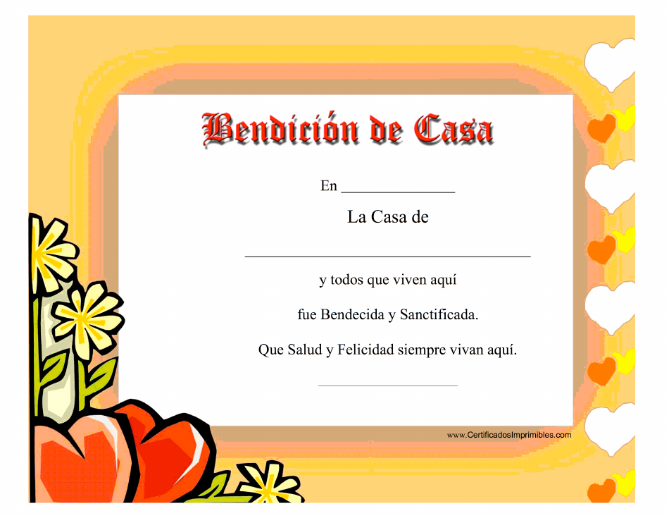 Certificado De Bendicion De Casa - Orange (Spanish), Page 1