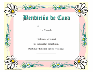 Document preview: Certificado De Bendicion De Casa - Flowers (Spanish)