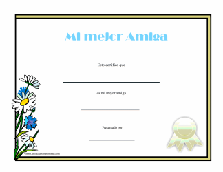 Document preview: Mi Mejor Amiga Certificado - Flowers (Spanish)