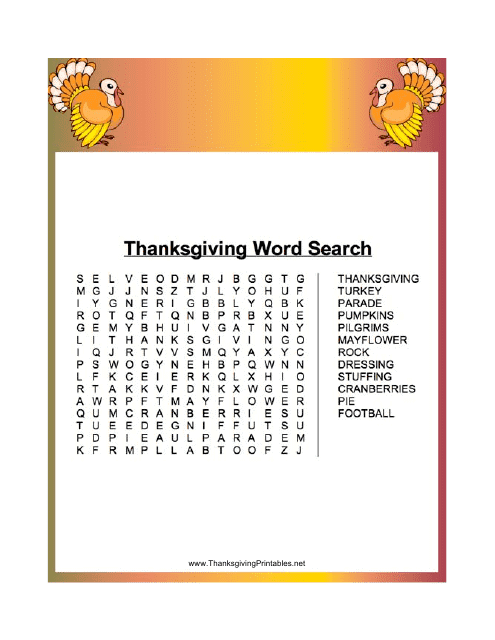 Thanksgiving Word Search Puzzle Template - Printable Search Puzzle with Thanksgiving Theme