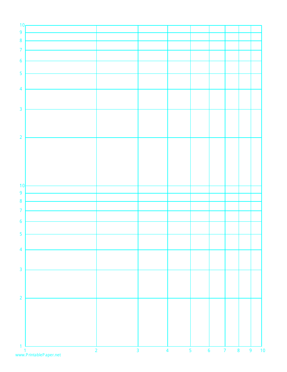 Cyan Log-Log Paper Template (Logarithmic Horizontal Axis on One Decade, Logarithmic Vertical Axis on Two Decades), Page 1